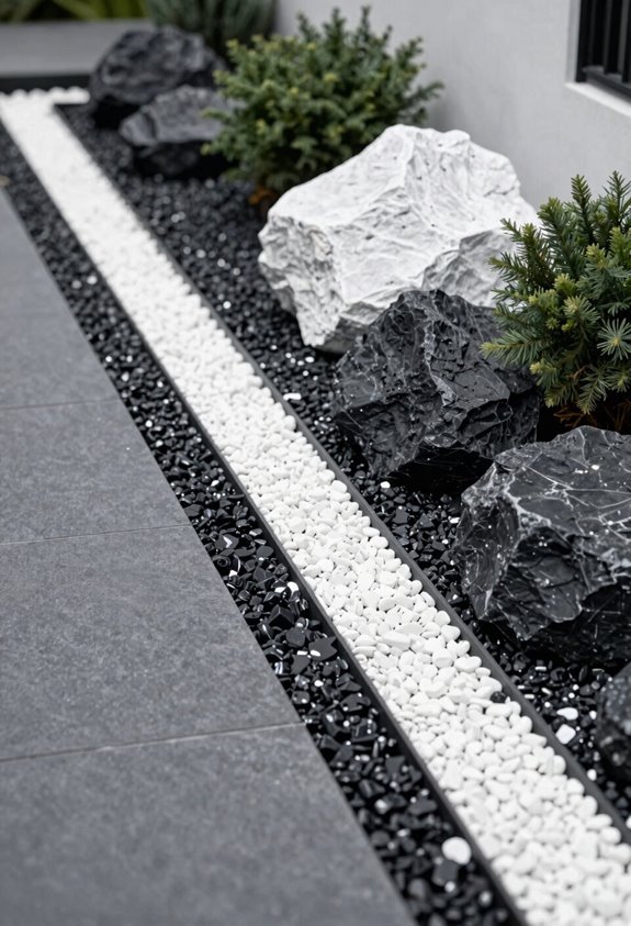black and white rock edged bed