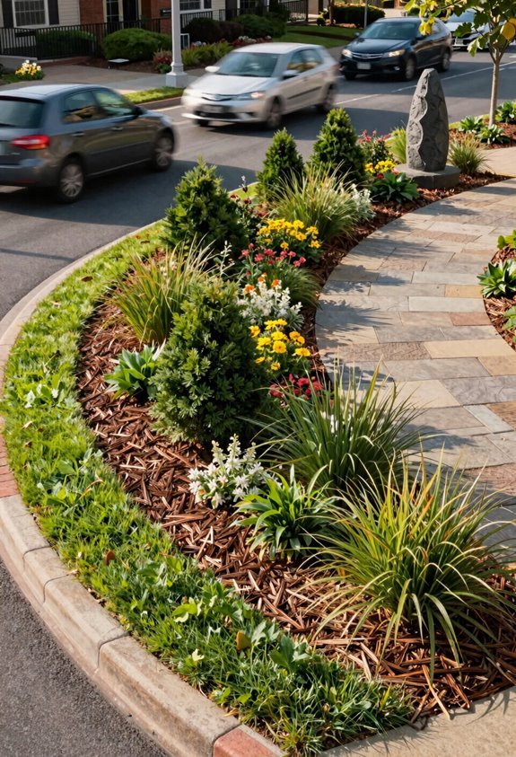 curved island bed slows traffic