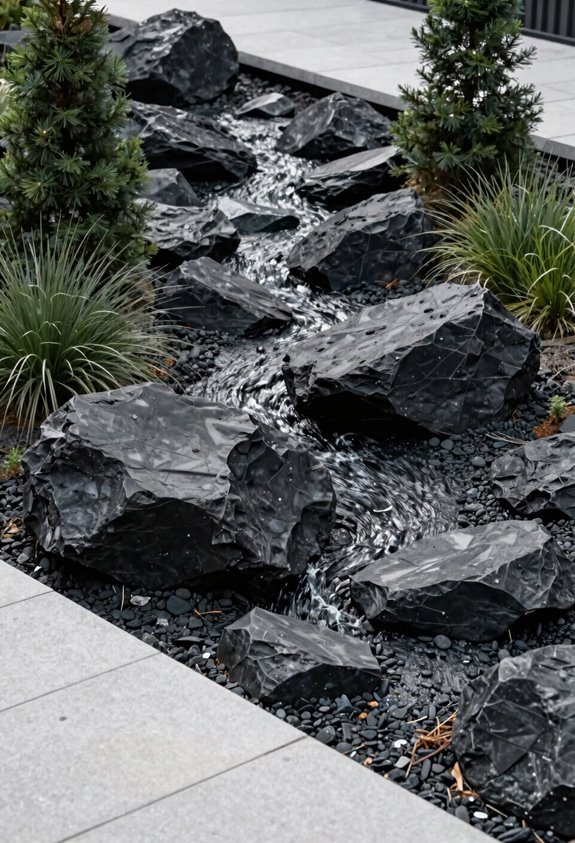 dry riverbed with black rocks