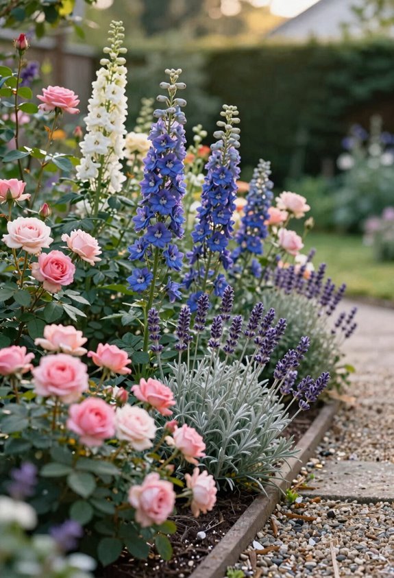 layered borders with roses lavender delphiniums