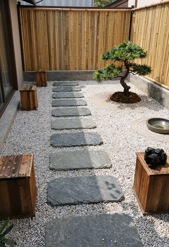 minimalist gravel focal stones bamboo fountain