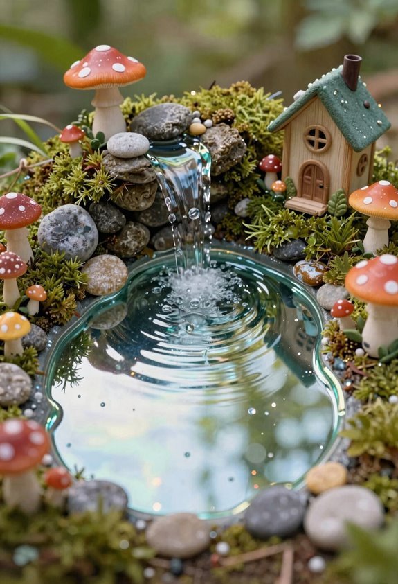 mirror pond with glittered surface glue waterfall