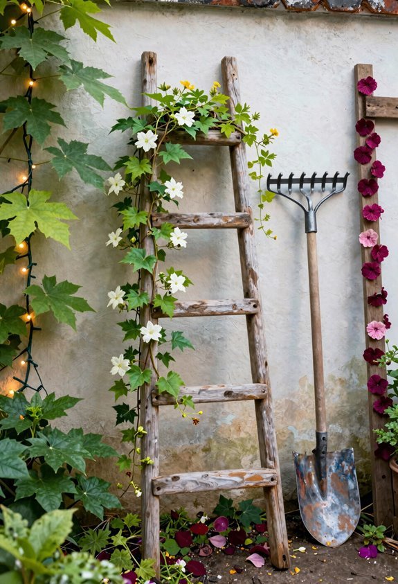 old ladders become trellises for climbing plants