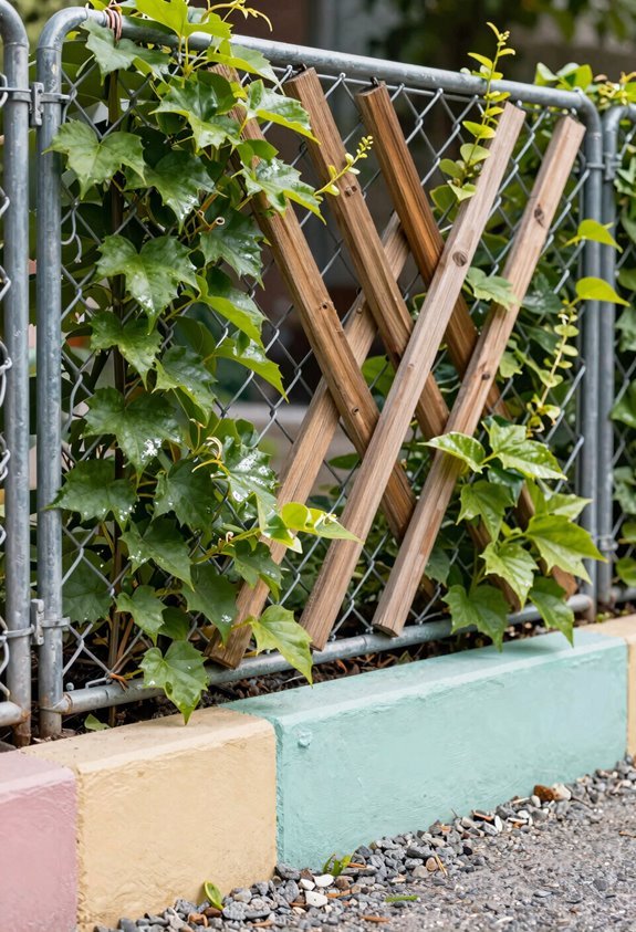 painted chain link fence with wooden sleeves and climbing plants