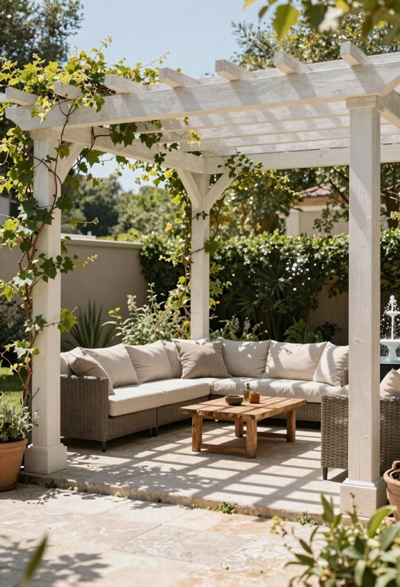 pergola creates inviting sunlit space