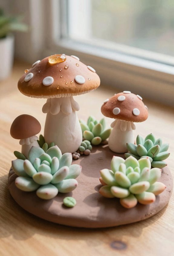 polymer clay toadstools and succulents